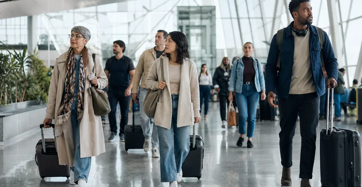Resenärer med resväskor i en flygplatsterminal under högsäsong