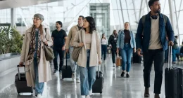 Resenärer med resväskor i en flygplatsterminal under högsäsong