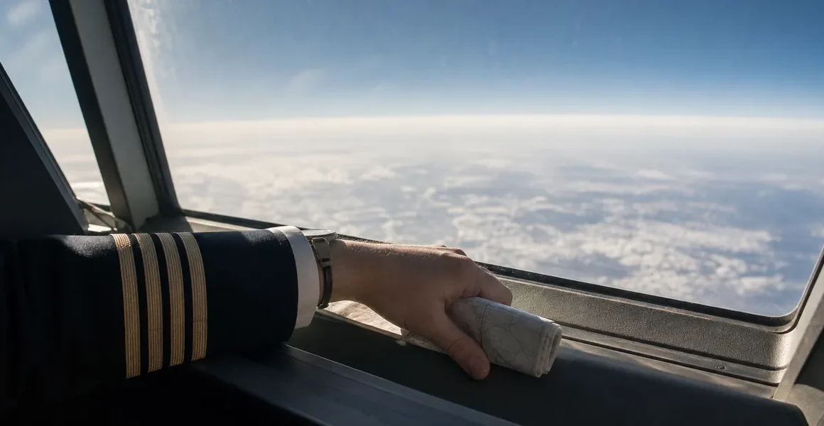 Pilot vid cockpitfönster på hög höjd med blek atmosfär utanför