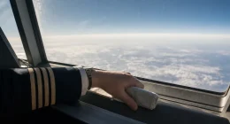 Pilot vid cockpitfönster på hög höjd med blek atmosfär utanför