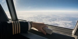 Pilot vid cockpitfönster på hög höjd med blek atmosfär utanför