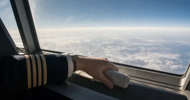 Pilot vid cockpitfönster på hög höjd med blek atmosfär utanför