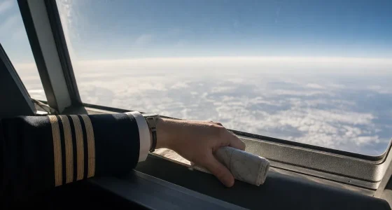 Pilot vid cockpitfönster på hög höjd med blek atmosfär utanför